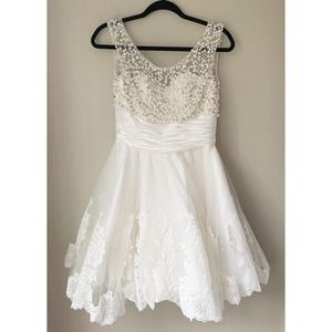 Sherri Hill Dress Womens 4 Ivory Pearl Beaded Rhinestone Mini Short Tulle Corset